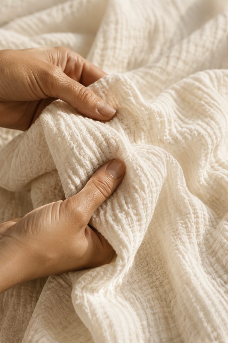 Hands holding folded muslin cloth in daylight