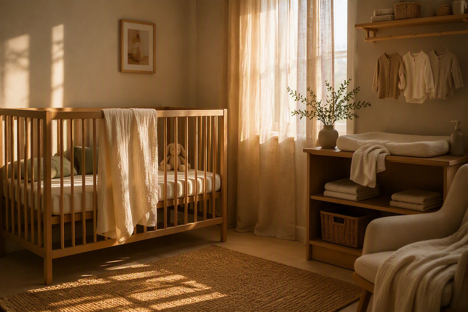 A calm nursery corner in natural tones, soft daylight