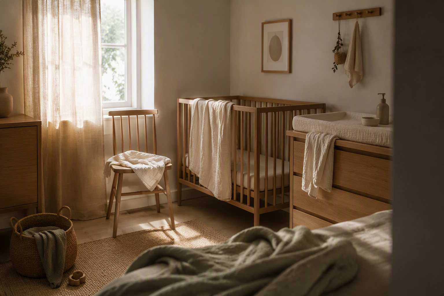 A quiet nursery corner in the first weeks at home, soft daylight