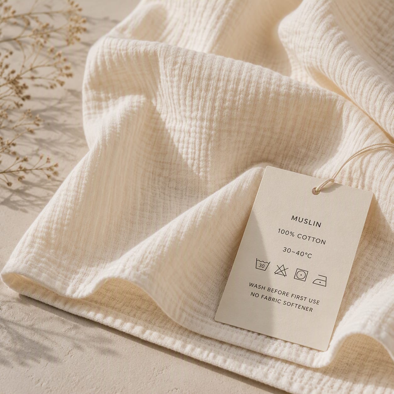 Care label and muslin fabric in close-up