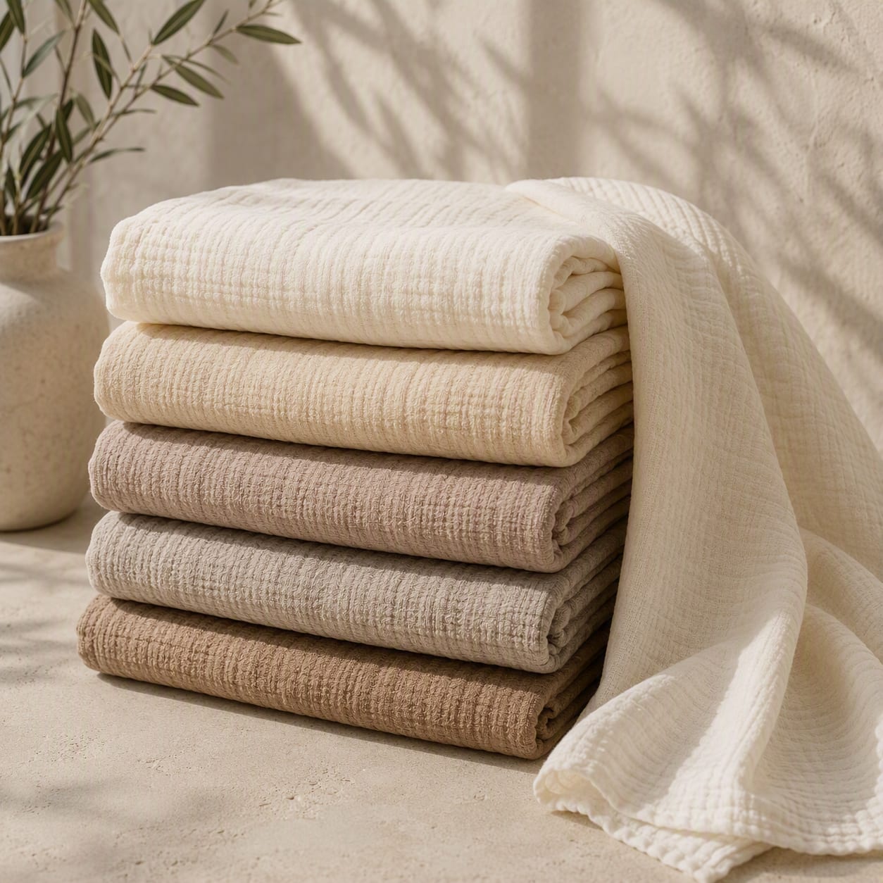 A stacked range of muslin in cream, sand and taupe tones