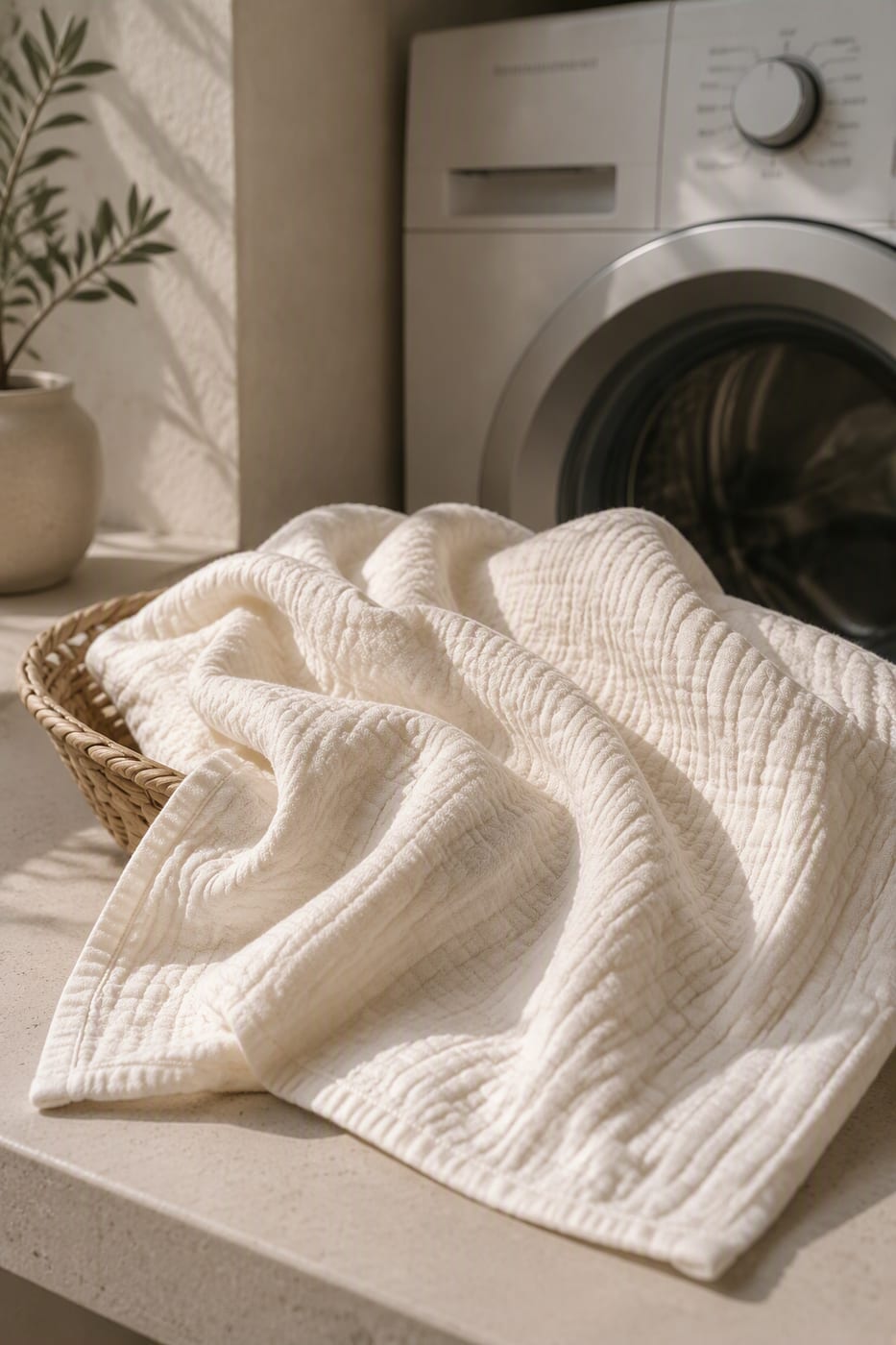Muslin cloth in a basket beside the washing machine