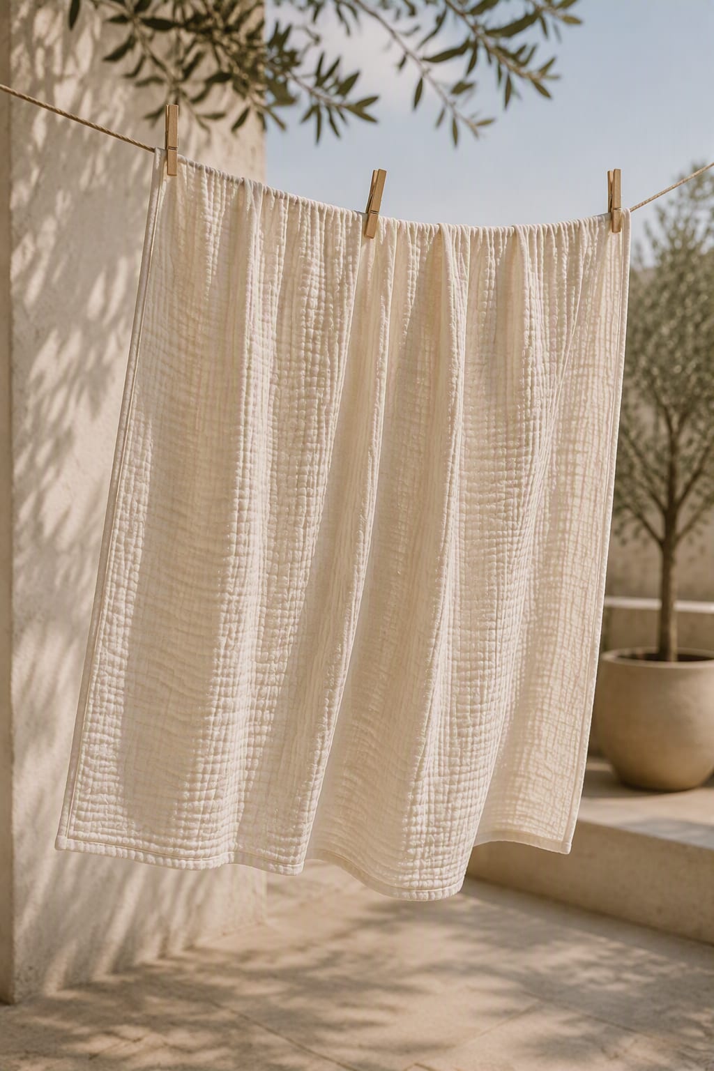 Freshly washed muslin drying on a line